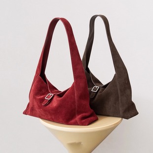 红色磨砂牛皮腋下包hobo包包女小众中古单肩包大容量麂皮绒托特包