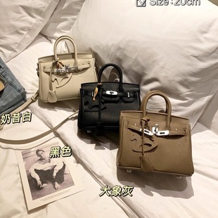 时尚真皮荔枝纹铂金包凯莉包女高级感小众手提包通勤单肩包斜挎包