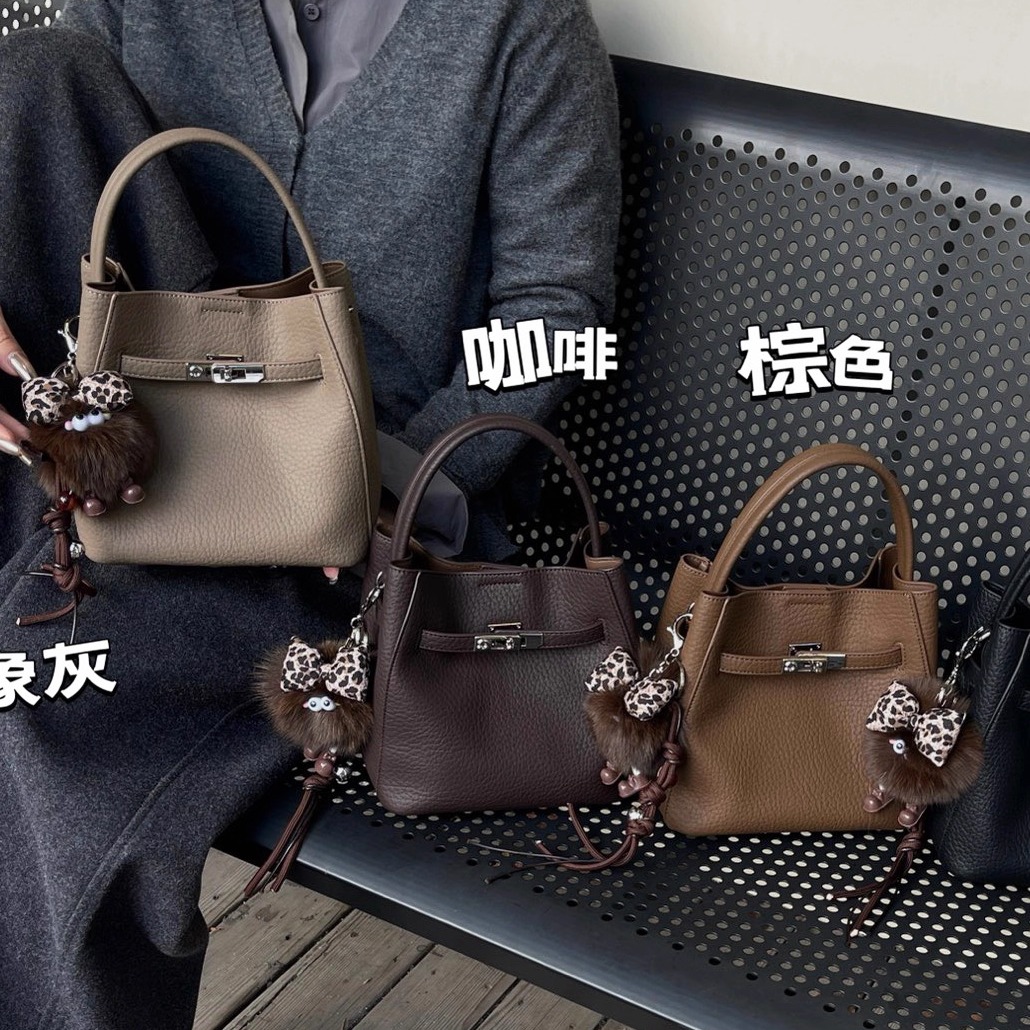 荔枝纹手提水桶包女斜挎菜篮子包