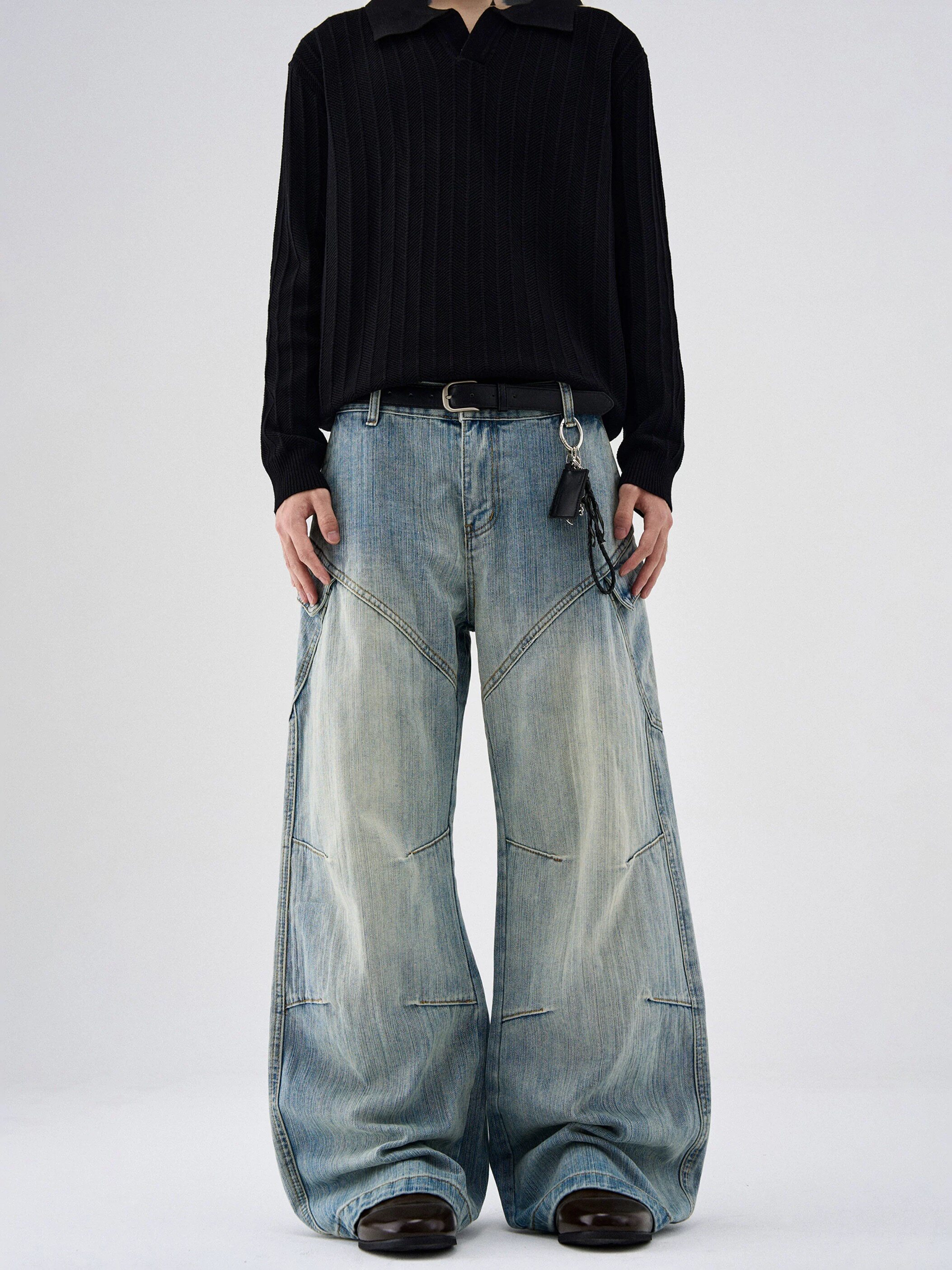 thumbnail for American high street cut deconstructed washed bamboo pattern jeans men's and women's trendy hip hop loose straight cargo pants