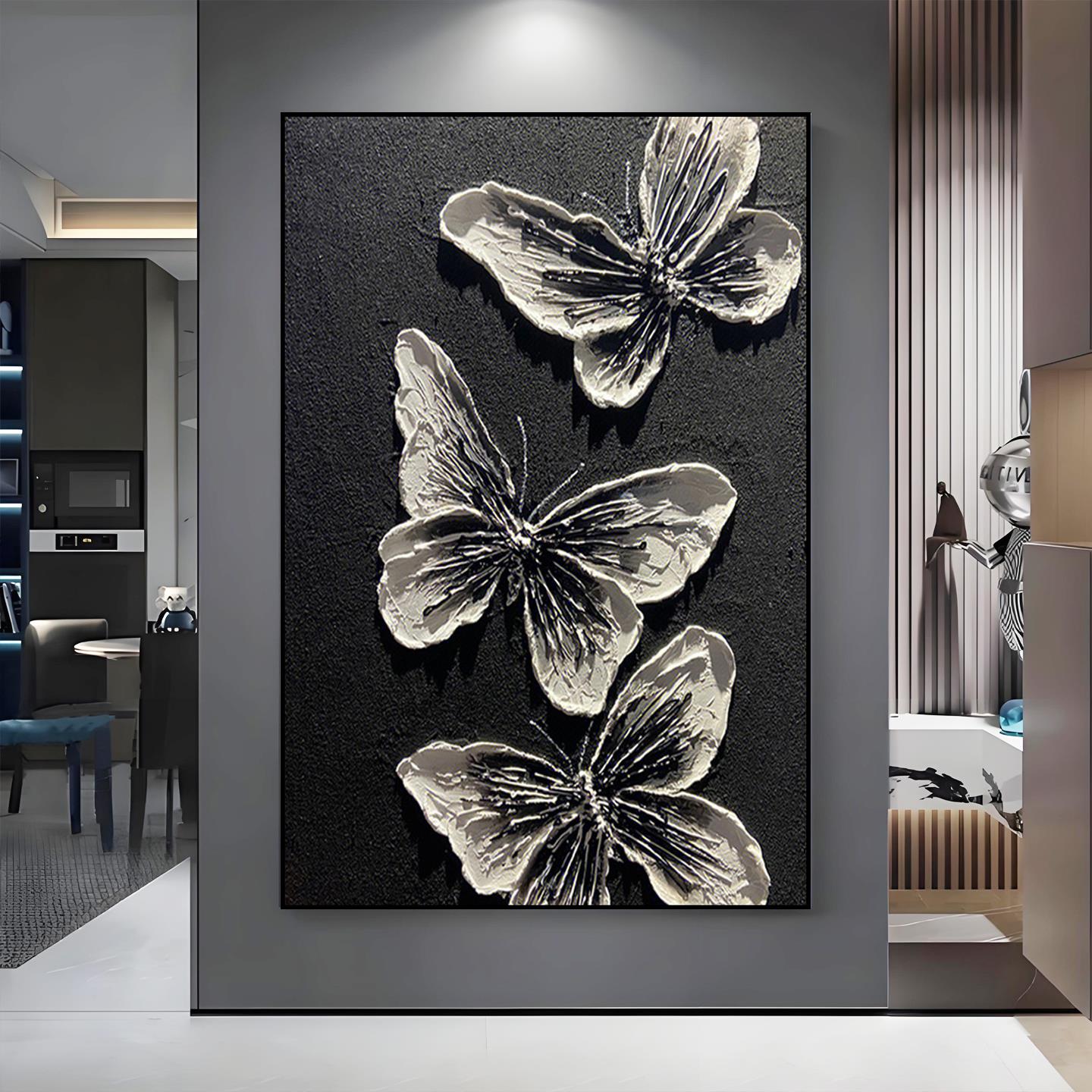 纯手绘抽象肌理蝴蝶大芬村油画玄关装饰画立体客厅背景墙黑白挂画图片
