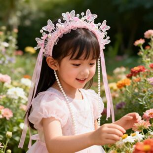 网红爆款 饰头饰中国风 蝴蝶发光发箍卡古风粉色珍珠蝴蝶发箍花朵装