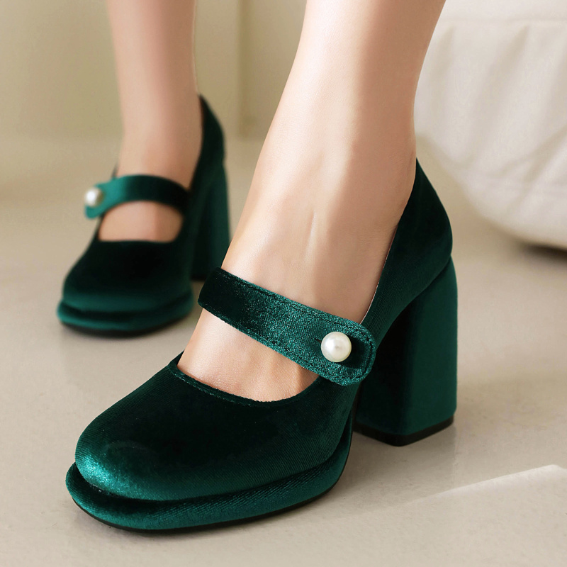 金丝绒玛丽珍高跟鞋粗跟圆头珍珠单鞋绿色婚鞋黑色旗袍演出走秀鞋