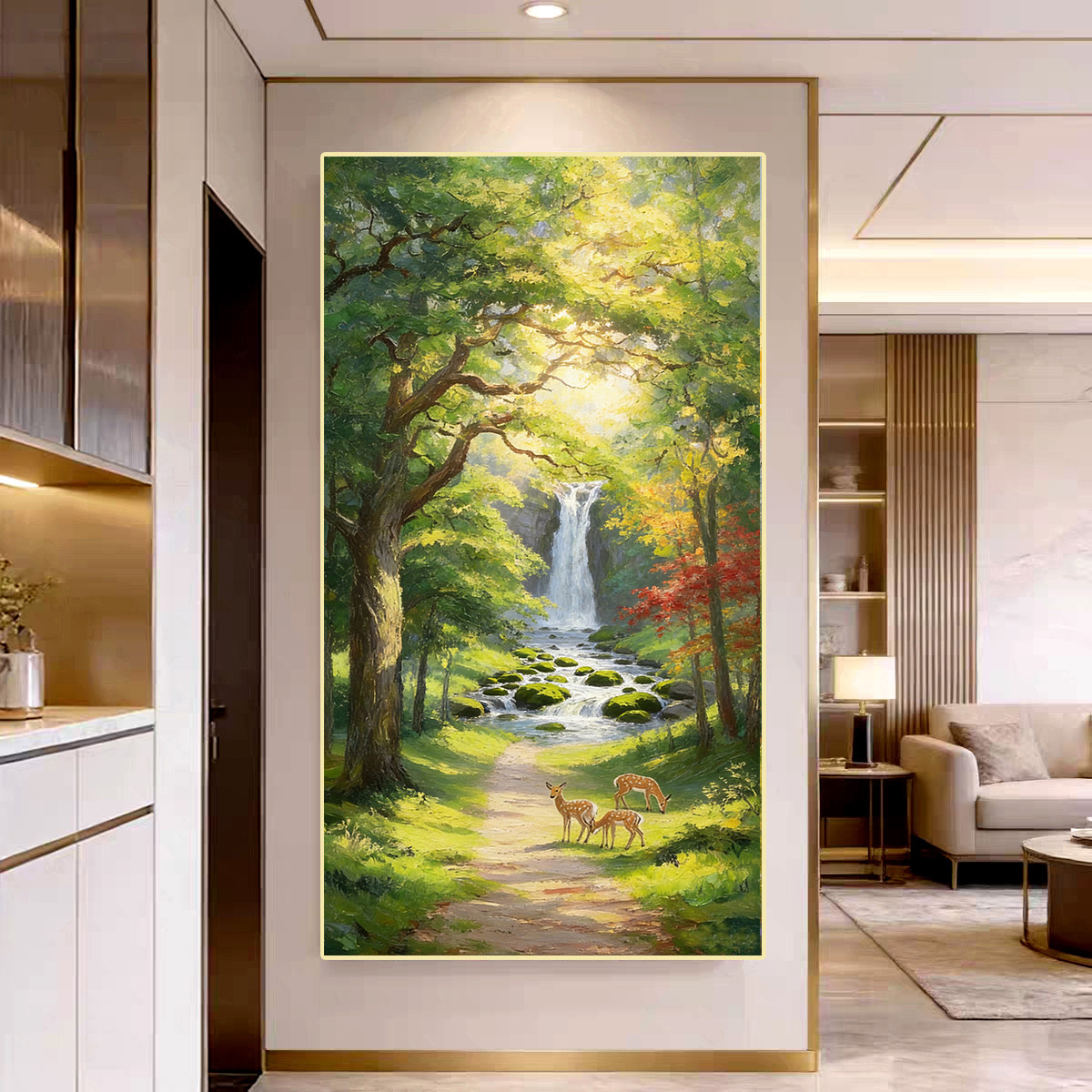 《林间协奏曲》玄关装饰画森林之鹿风景手绘油画走廊过道轻奢挂画