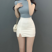 白色高腰紧身开叉半身裙女2025春夏弹力性感小个子显瘦包臀裙短裙