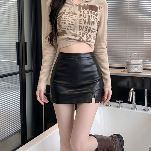 黑色辣妹高腰包臀PU皮开叉半身裙