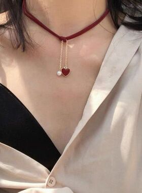 短款红色锁骨链颈链女网红项圈个性百搭珠珠爱心项链脖子饰品百搭