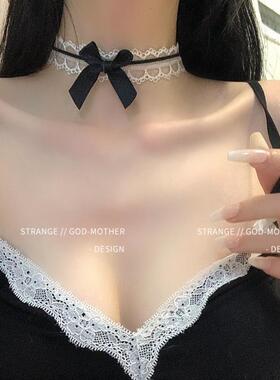 复古白色蕾丝蝴蝶结项圈女颈带镂空项链choker短款黑色丝带锁骨链