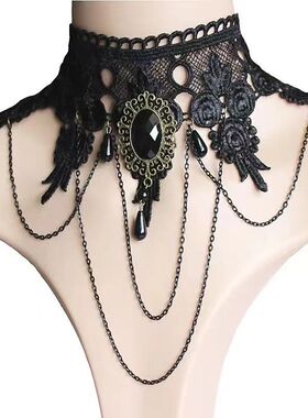 派对女王宝石哥特风项链锁骨链洛丽塔蕾丝颈链脖子配饰夸张假领子