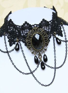 【蛇年精品】精美哥特项链时尚哥特风蕾丝黑曜石项链洛丽塔颈链