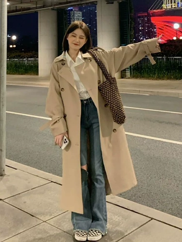 Плащ, осенняя хаки длинная куртка, подходит для подростков, средней длины, премиум класс