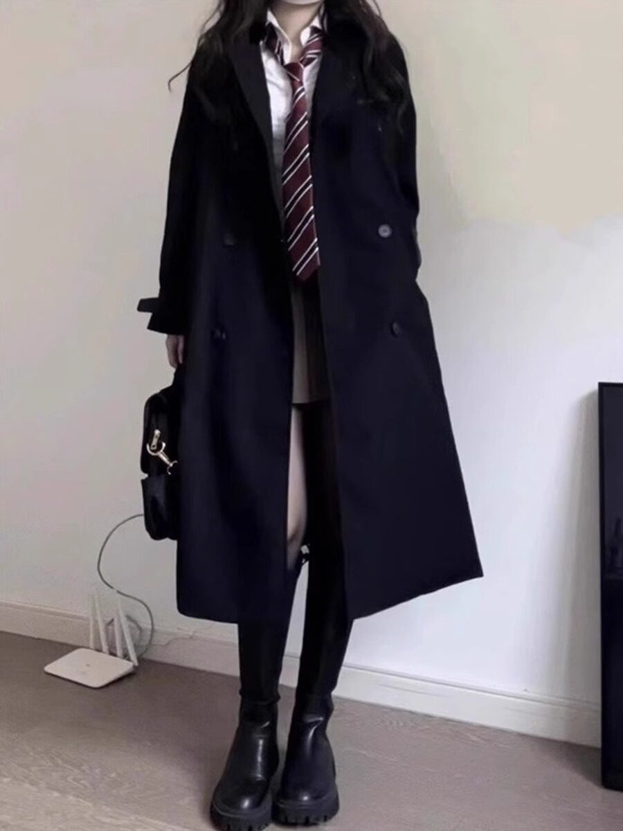 Qadın üçün qara midi trench palto, yaz-payız üçün