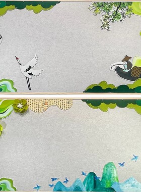 小学教室走廊黑板报边框春天绿色新中式山水花鸟文化大墙贴装饰