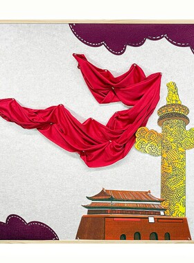 红色中国风建筑国庆天安门华表柱主题墙贴装饰幼儿园走廊布置材料