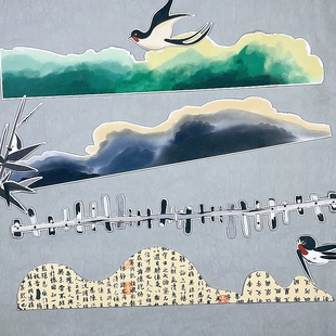 新中式 饰背景墙幼儿园 国风山水画主题水墨边条边框墙贴毛毡材料装