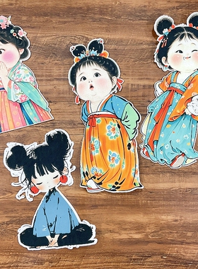 新中式古装小女孩不织布墙贴