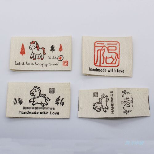 中国风马年彩色标签handmade纯棉印标现货本白棉带DIY小马布标