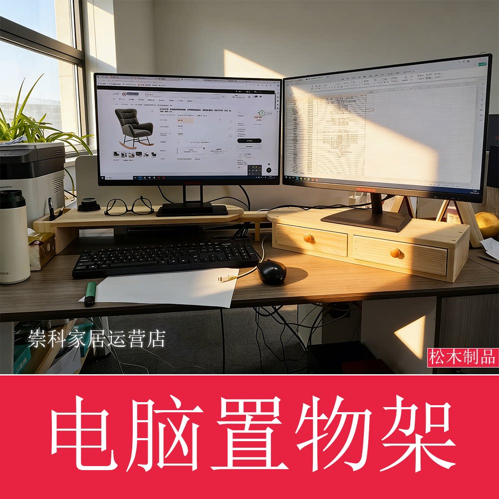 实木电脑架垫高加高双抽屉显示器增高架桌面收纳办公室护颈置物架