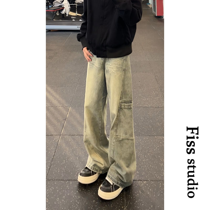 美式新款潮流水洗直筒阔腿工装牛仔裤男女设计感褶皱做旧休闲长裤,男装牛仔裤,星座511-1
