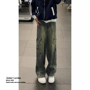 美式复古工装牛仔裤潮男秋冬多口袋设计感高街时尚百搭直筒长裤子图片
