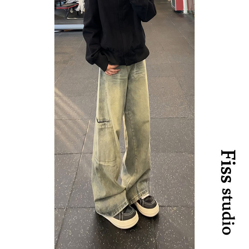 美式新款潮流水洗直筒阔腿工装牛仔裤男女设计感褶皱做旧休闲长裤,男装牛仔裤,星座511-1