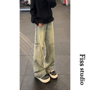 美式新款潮流水洗直筒阔腿工装牛仔裤男女设计感褶皱做旧休闲长裤图片