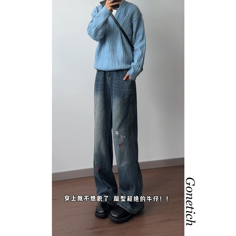 美式卡通贴纸弯刀牛仔裤女男秋季复古水洗做旧阔腿裤宽松镰刀裤子，男装牛仔裤，星座511-1