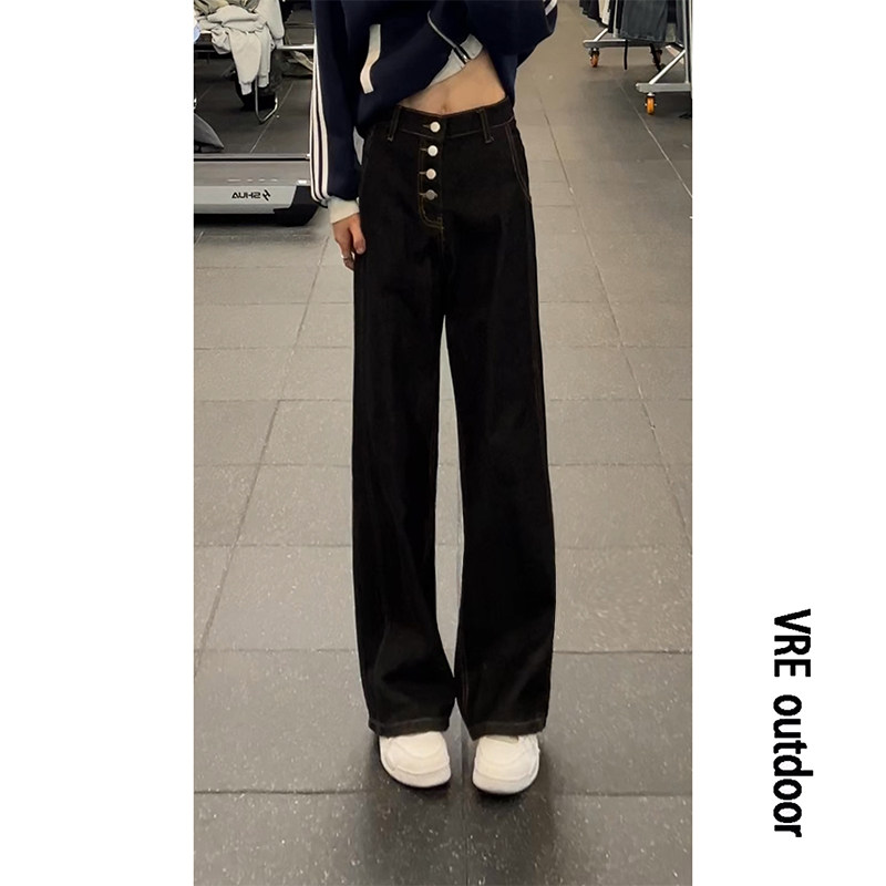 美式高街vibe风排扣黑色直筒牛仔裤男2025冬季小众设计感阔腿裤子,男装牛仔裤,星座511-1