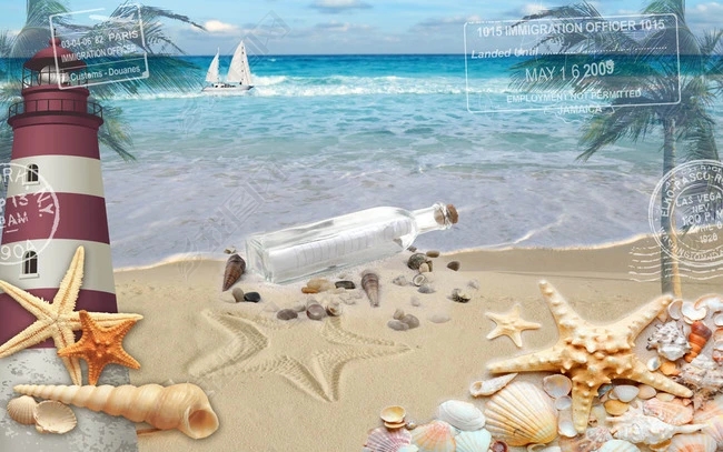 定制唯美海景沙滩贝壳灯塔椰树电视背景墙装饰画户外写真海报壁纸
