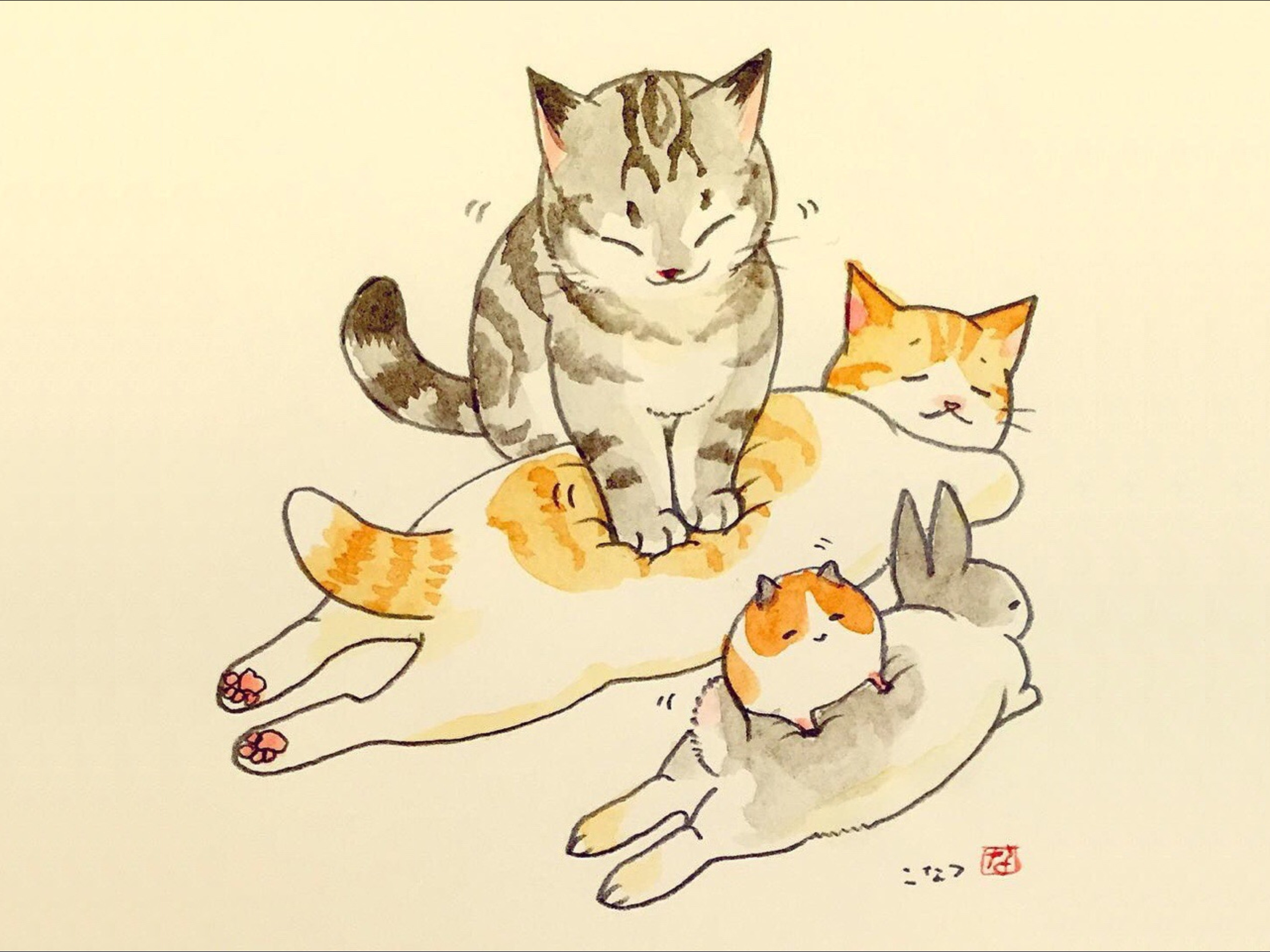 水粉画风格按摩猫咪可爱狗狗客厅卧室房间挂画壁画无框画装饰画图片