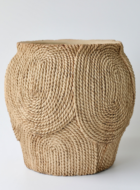 仿藤编蒲草编织水泥高花盆复古落地大号客厅陶瓷大型绿植盆栽草编