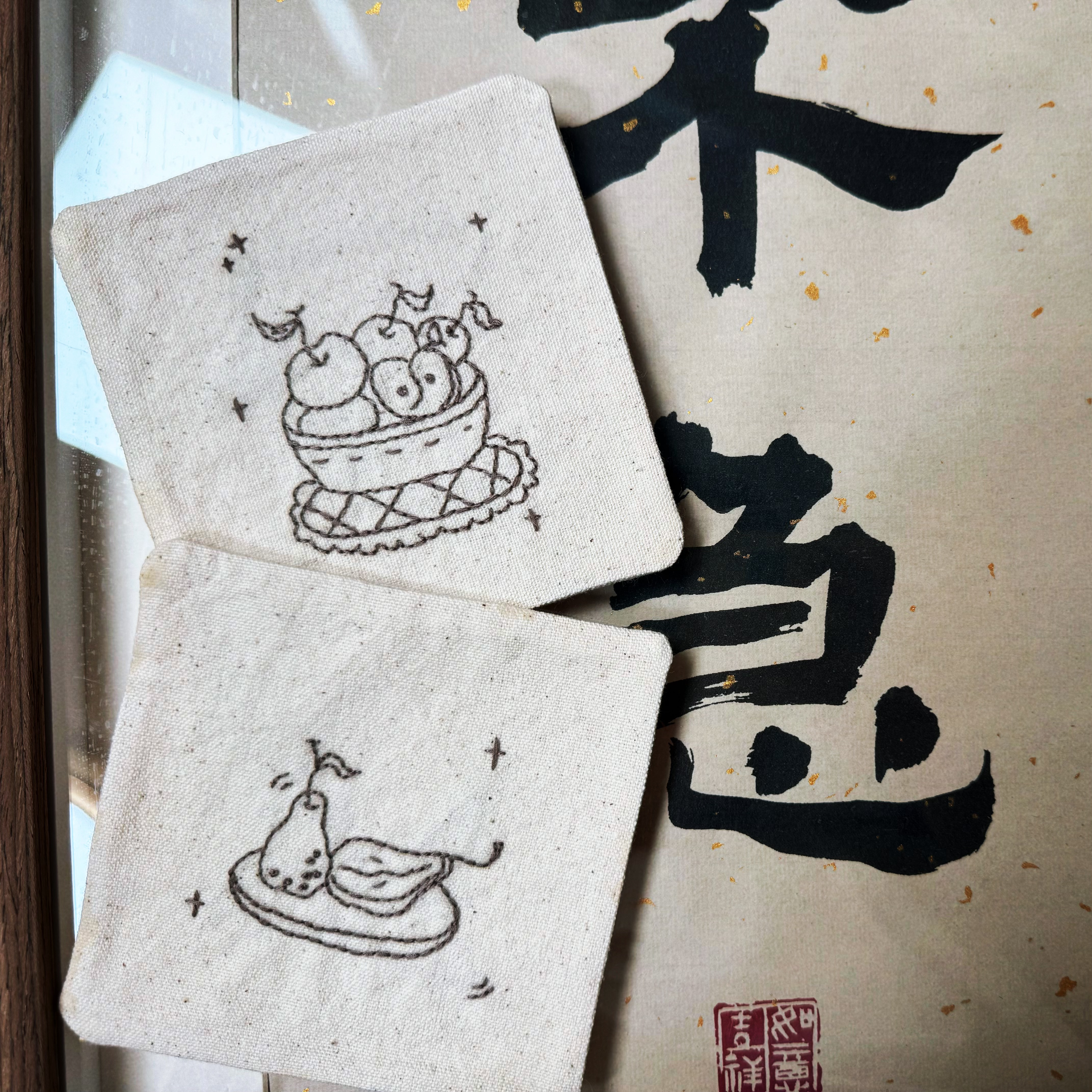 棉麻水果杯垫方形手工刺绣茶具隔热垫格子布艺餐桌装饰垫子复古风