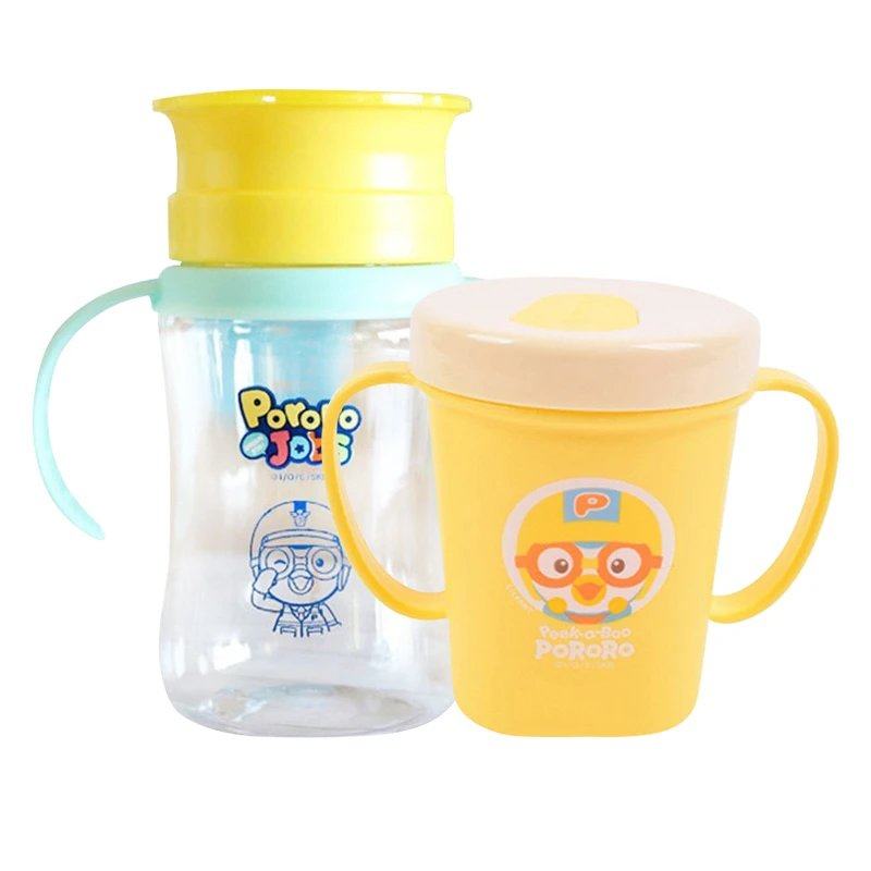 韩国进口啵乐乐pororo儿童吸管杯卡通硅胶PP喝水杯带把手