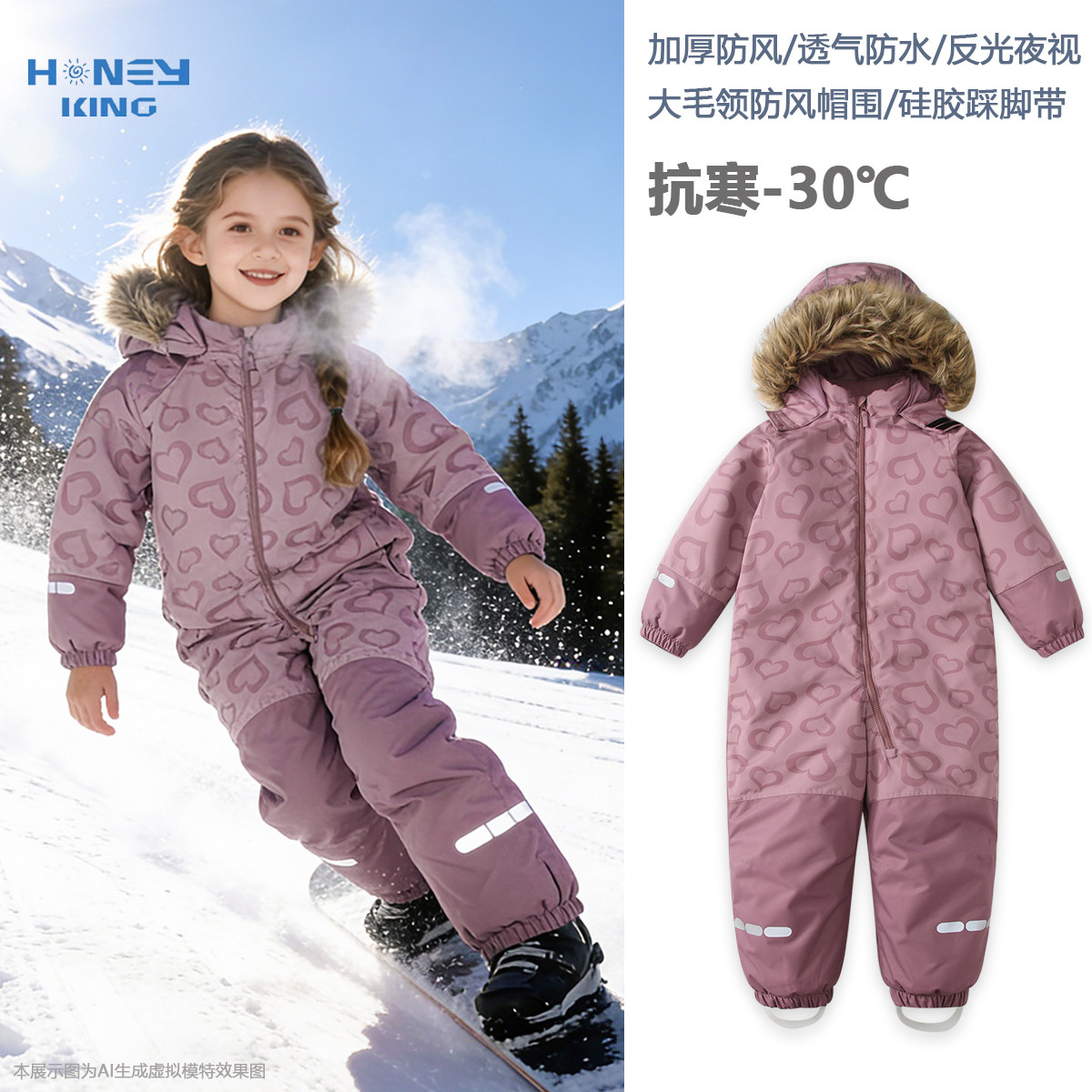 honeyking儿童滑雪服连体男童女童宝宝加厚保暖防水防风连帽外套