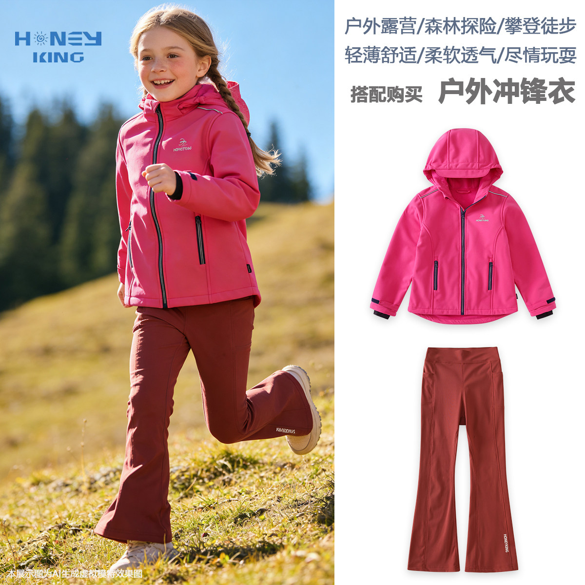 儿童春秋户外冲锋衣外套女大童软壳抓绒薄款休闲夹克瑜伽裤套装