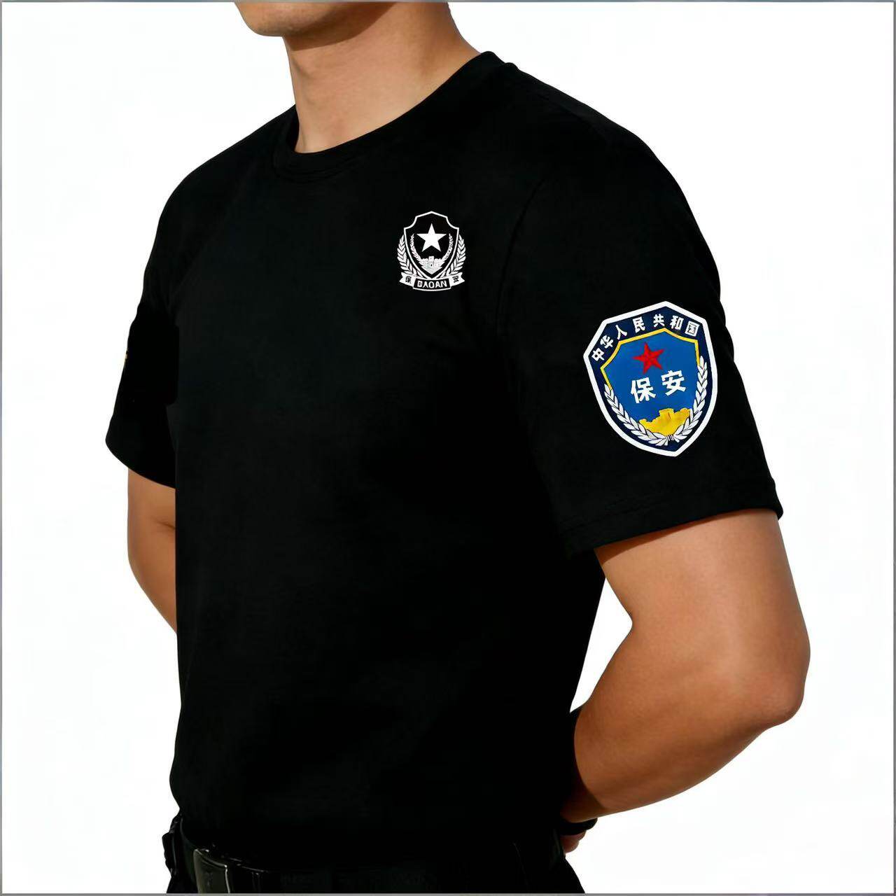 保安t恤男夏季黑色保安圆领T恤物业酒店安保圆领T恤透气工作服装