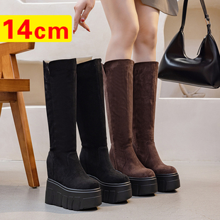 棕色靴子增高15cm长筒靴2025内增高马丁靴厚底高筒靴瘦瘦靴小个子