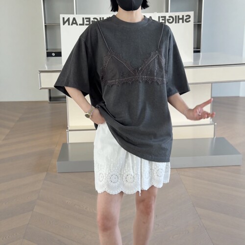 妍西家 诗歌兰女装26夏4041-2时尚深灰色蕾丝拼接短袖T恤休闲可退