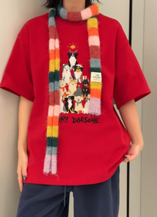 红色配条纹围巾卡通图案短袖 妍西家 642时尚 25冬款 T恤 诗歌兰女装