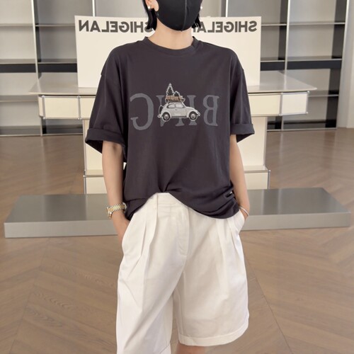 妍西家诗歌兰女装26夏70202时尚灰色汽车印花短袖T恤休闲宽松可退