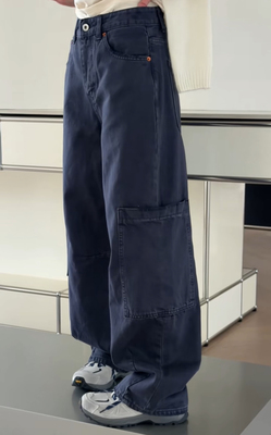 妍西家 诗歌兰女装26早春新款26255时尚深蓝水洗感口袋工装牛仔裤