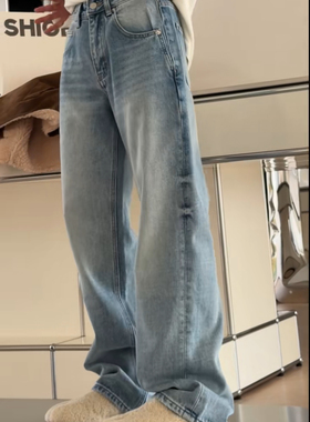 妍西家 诗歌兰女装25冬款15299百搭浅蓝色薄绒直筒显瘦牛仔裤女