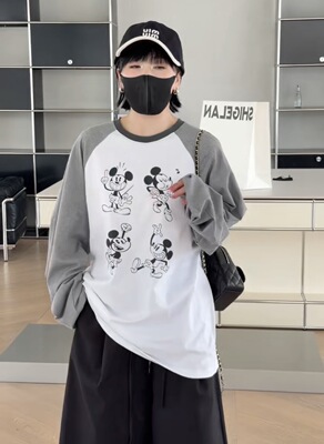 妍西家 诗歌兰女装26早春新款2480时尚气质白色印花卡通长袖T恤女