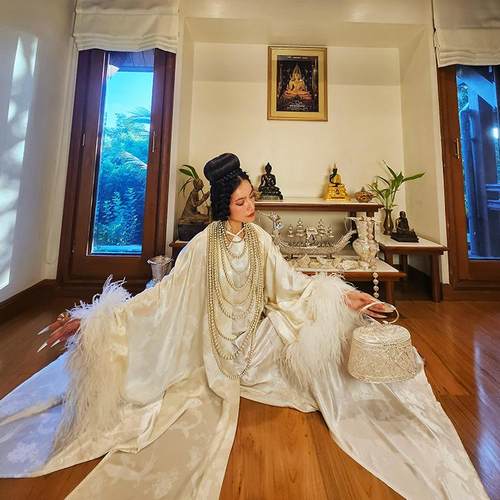 我是朱丽叶原创真丝冠乐皱重工鸵鸟毛新国风仙女外套连衣裙