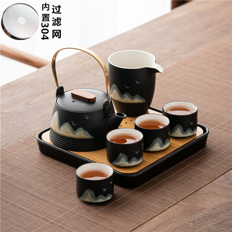 黑陶功夫茶具小套装日式简约侧把壶提梁壶干泡茶盘家用轻奢礼盒装