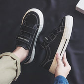 懒人魔术贴软底休闲鞋 人本黑色帆布鞋 潮流百搭透气板鞋 新款 男春季