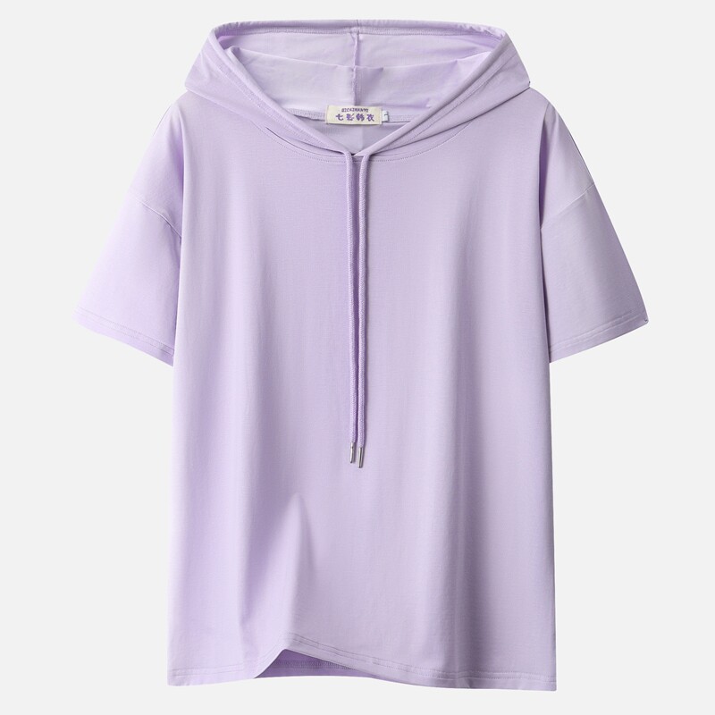 夏季大码短袖连帽卫衣女宽松半袖胖mm纯棉带帽T恤薄款上衣200斤潮