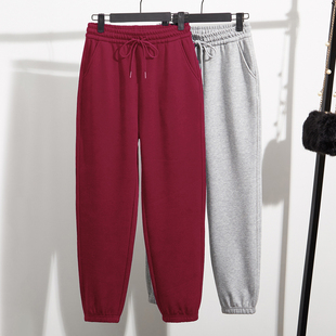 春秋薄款卫裤女2025新款酒红束脚小个子加绒休闲运动裤长裤哈伦裤