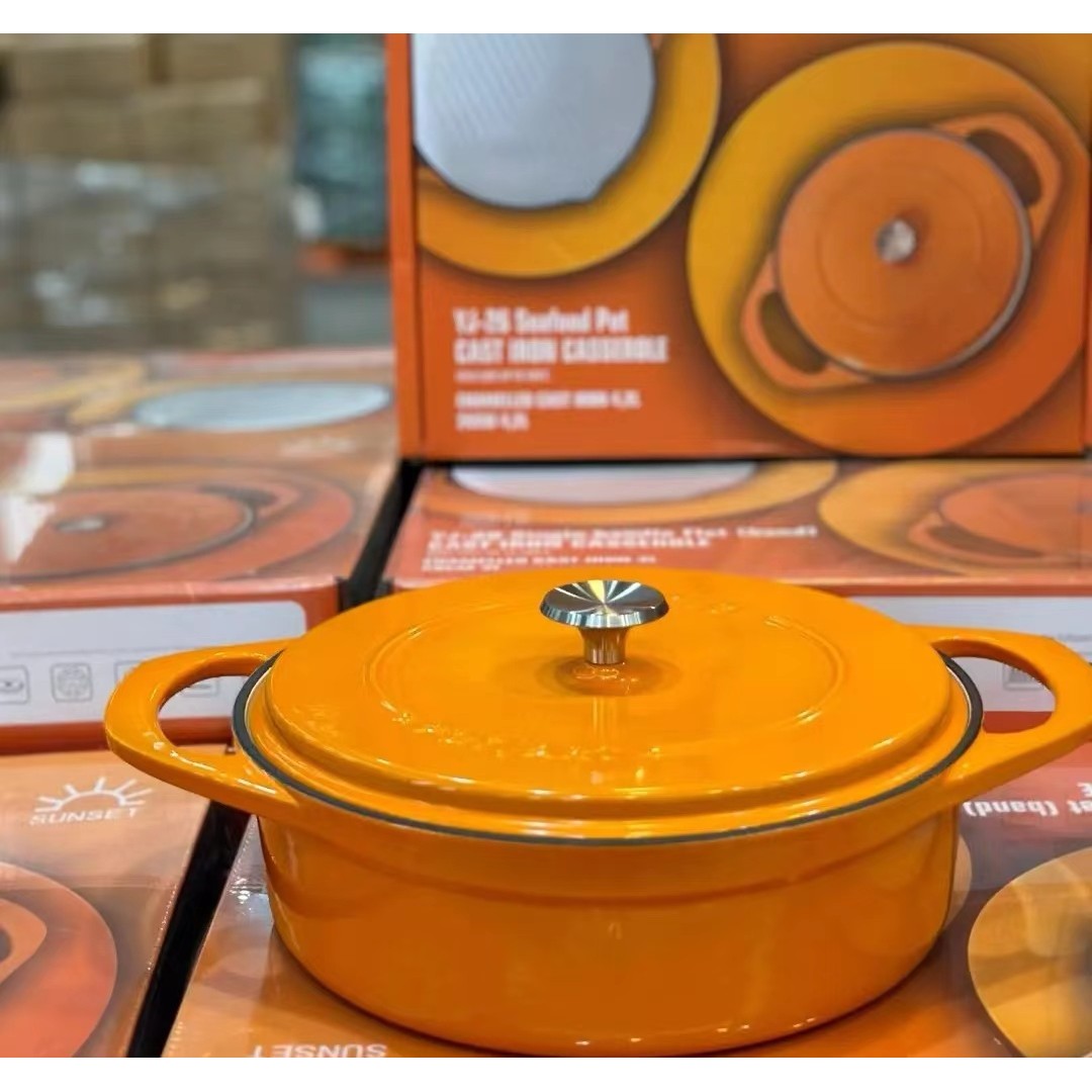 出口原单铸铁搪瓷珐琅锅炖锅海鲜锅不粘煎盘平底砂锅多功能彩盒包