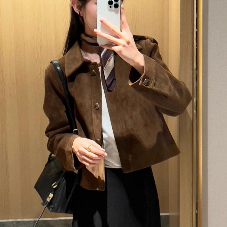 咖色麂皮绒外套女春秋装美拉德穿搭巨好看小个子短款正肩夹克上衣